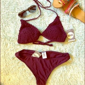 Ika Kul Crochet/knit top bikini in burgundy. Lg.